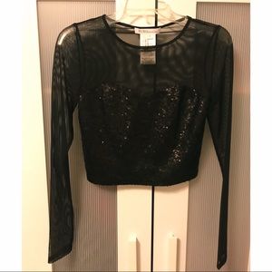 BCBG Long Sleeve Black Sequin Party Crop Top Mesh